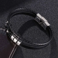 trendy stainless steel double layer black braided leather bracelet for men jewelry woven party bangle male wristband gift fr1227