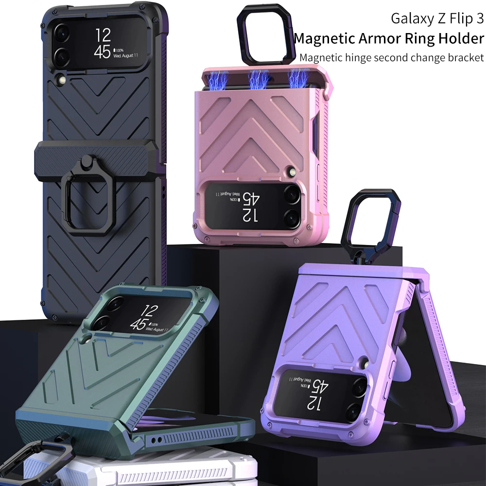 

Armor Case For Samsung Galaxy Z Flip3 Flip4 W23 Flip 5G Magnetic Hinge Protection Full Coverage With Finger Ring Kickstand