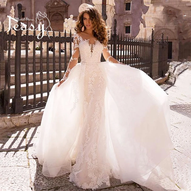 

Luxury Mermaid Wedding Dress Embroidered Lace On Net With Detachable Skirt 2 In1 Ball Gown O-neck Full Sleeve Vestido De Novia