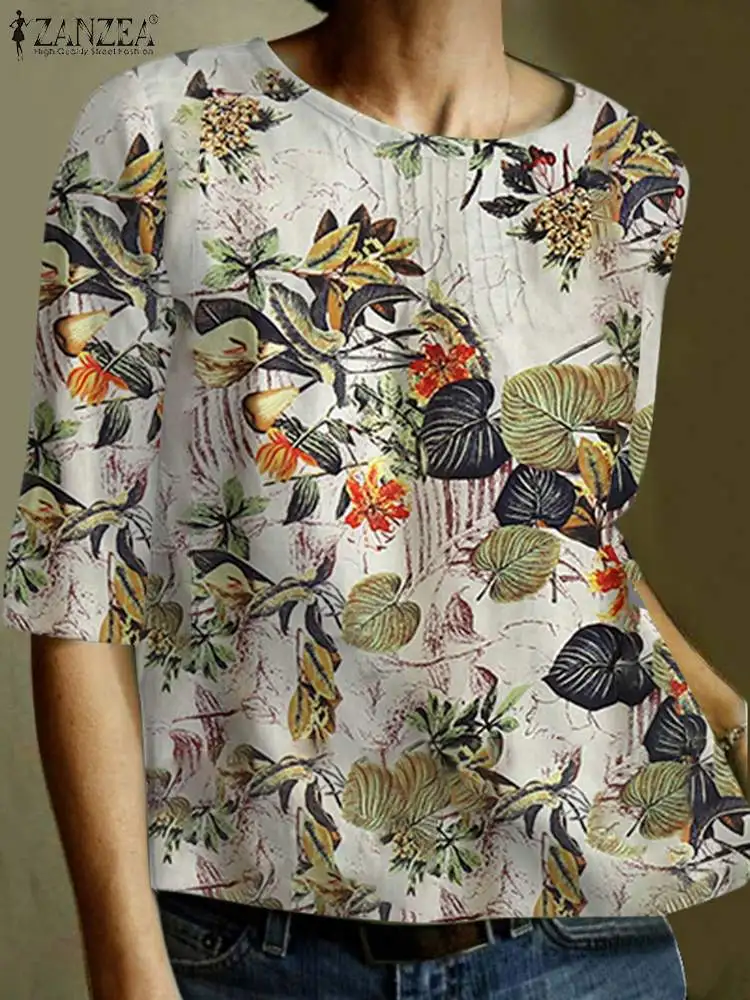 

ZANZEA Bohemian Floral Print Blouse Summer Short Sleeve O-Neck Shirt Tunic Woman Tops Elegant Vintage Pleated Design Shirt 2023