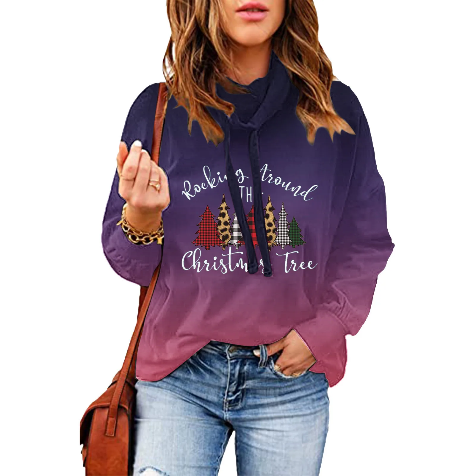 

Women Christmas Casual Long Sleeve Sweatshirt Christmas Tree Plaid Gradient Printing Cowl Oversize Fairycore Cropped Tops