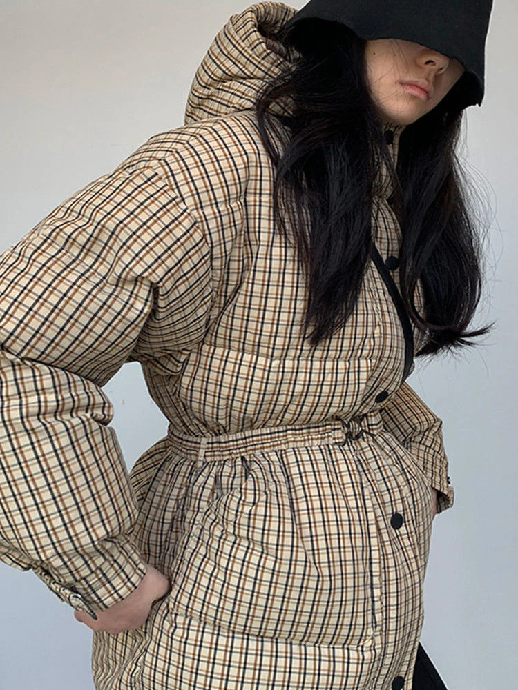 Winter Fashion Plaid Hooded Puffer Jackets Women 2022 Casual Thick Warm Loose Parkas Ladies Cotton Slim Midi Coats Streetwear