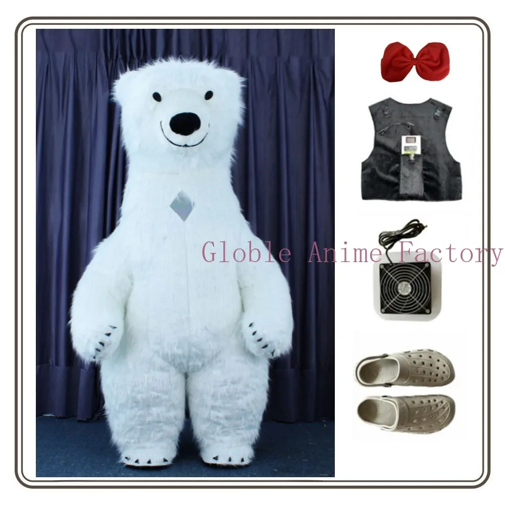 Inflatable Furry Polar Bear Mascot Costume Smile Polar Bear  Lovely Happy White Bear Suit Xmas New Year Winter Shooting Props
