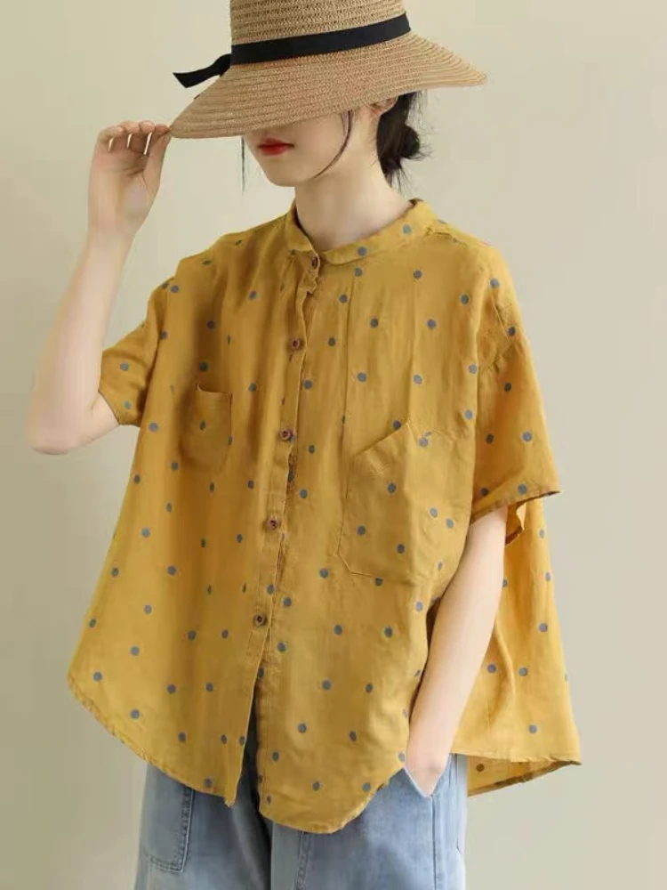 

2022 Summer Loose Women's Clothing Literary Retro Polka Dot Cotton Linen Shirt Casual Loose Short-sleeved Top Light and Thin