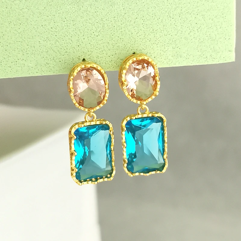 

QMHJE Oval Rectangle Colorful Crystal Stone Dangle Earrings for Women Gold Color Blue Pink Vintage Baroque Asymmetric Trendy