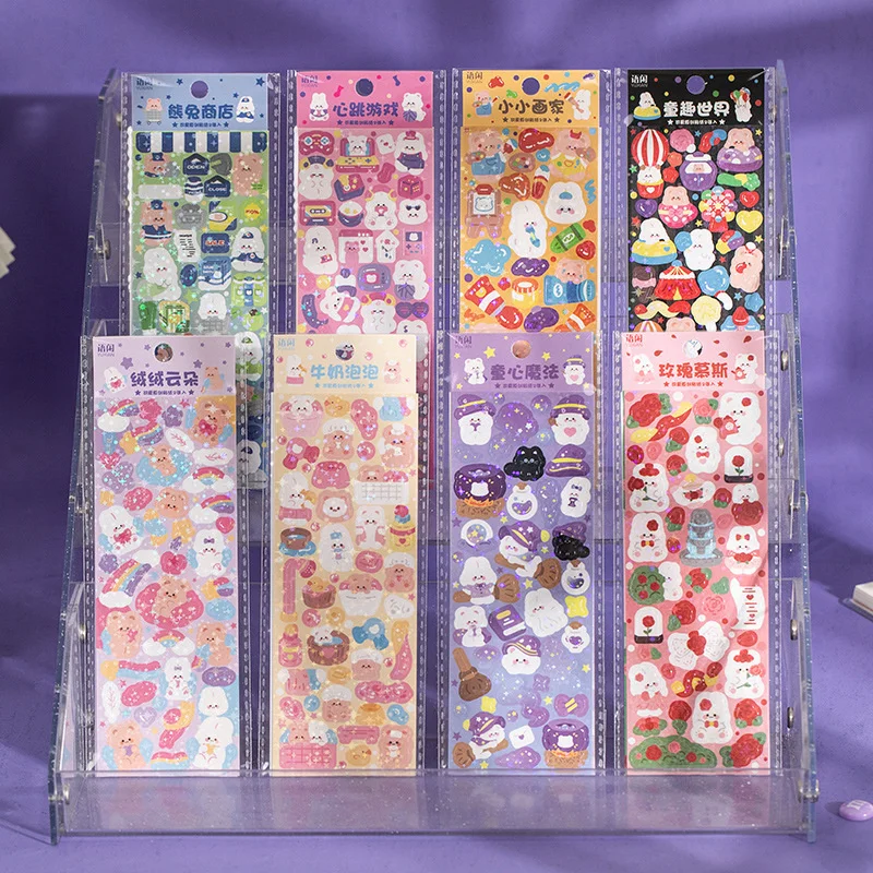 Pegatinas decorativas de dibujos animados Kawaii, serie de juegos de conejo y gato, álbum de tarjetas de Idol, álbum de recortes, suministros de papelería, 16 unids/paquete
