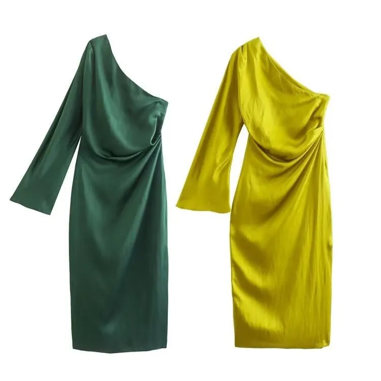 Купи Dresses for Women 2022 Sexy One Shoulder Long Sleeve Solid Color Tight Pleated Evening Dress Elegant Party Dresses Vestidos за 500 рублей в магазине AliExpress