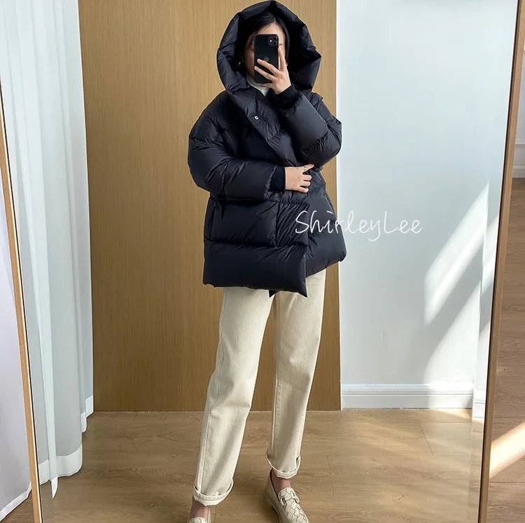 Winter New Long Sleeve Hooded Button Short Womens Down Coat Loose White Duck Down Coat for Women