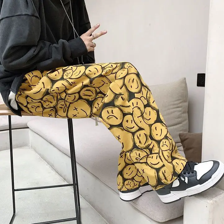 

5XL Harajuku Baggy Men Women Print Pants Summer Loose Smiley Pattern Hip Hop Couple Straight Sweatpants BF Trendy Kpop Trousers