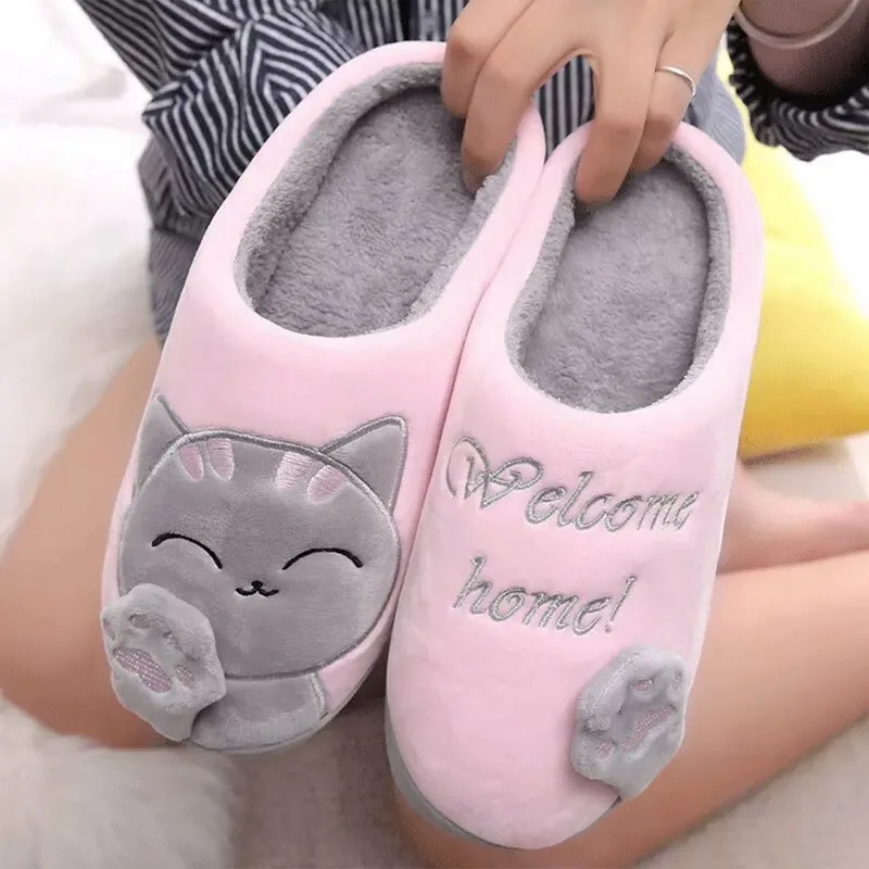 

Women Winter Home Fur Slippers Cartoon Cat Non-Slip Soft Warm House Indoor Bedroom Men Couples Boys Girl Memory Foam Floor Shoes