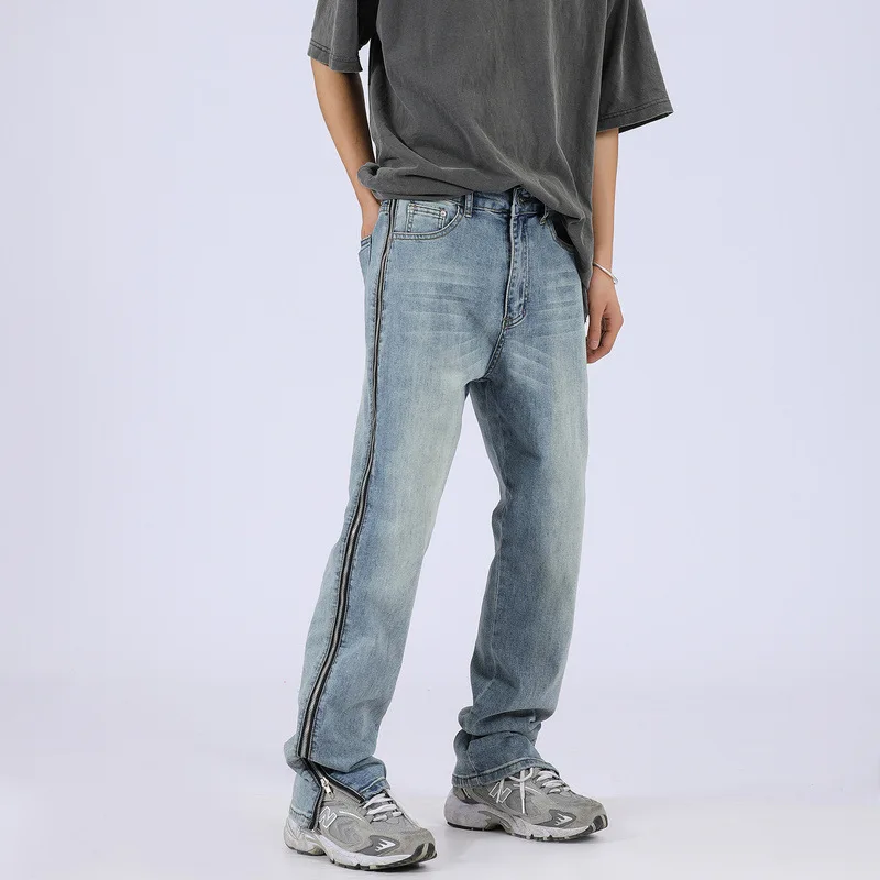 Men's Jeans American Street Retro Old Washed Zipper Jeans Men's Loose Slim Pants High Street Hiphop Trend INS Hot Sale HIP HOP