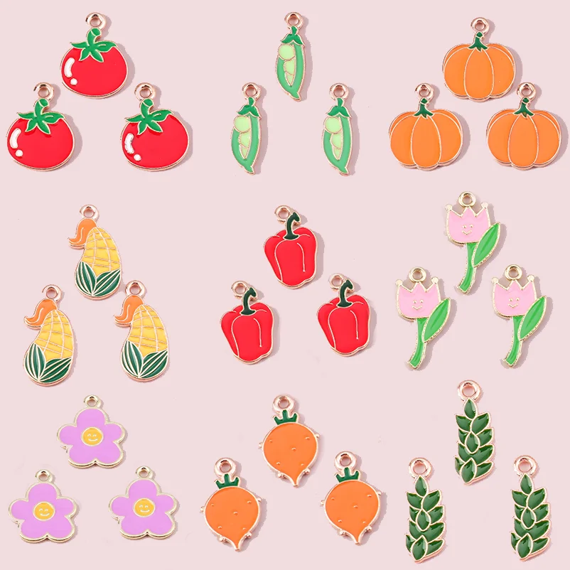 

10pcs Enamel Vegetables Tomato Pea Pumpkin Popcorn Chili Flower Carrot Pendants Charms Earring Necklace Bracelet DIY Jewelry