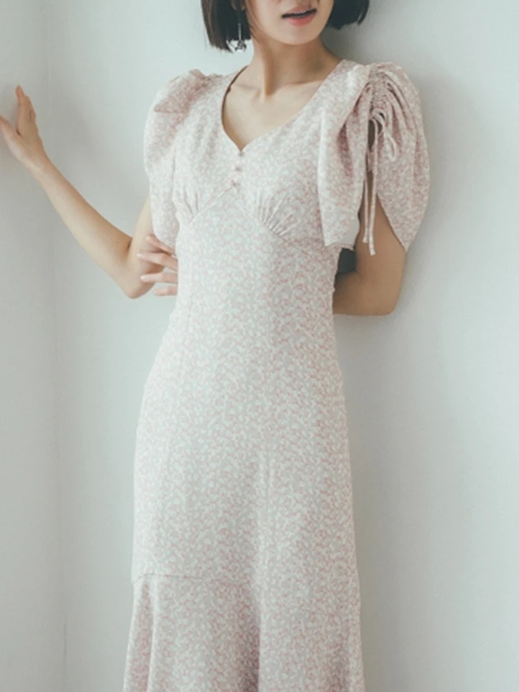 

2022 Spring Summer Women Retro Floral Print V Neck High Waist Dress Japan Style Elegant Temperament Slim A Line Dresses Robe