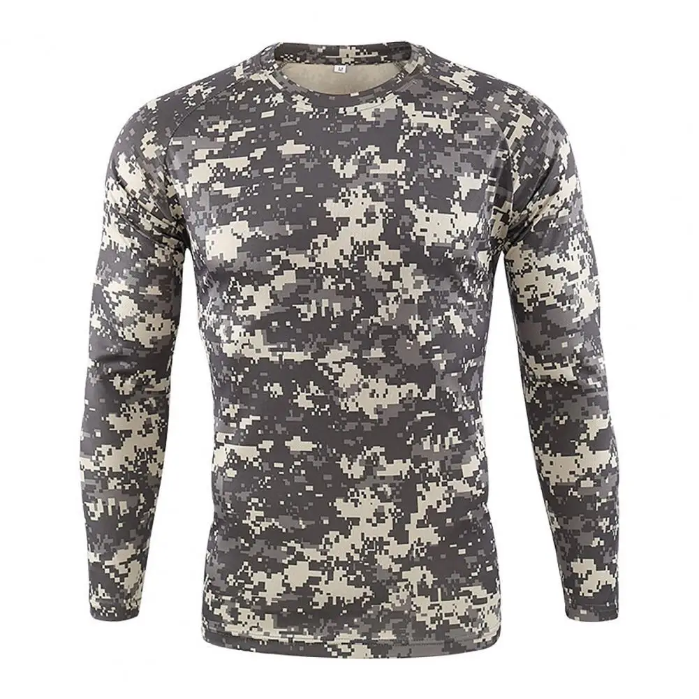 

Men Shirt Camouflage Print Round Neck Long Sleeve Quick Drying Spring Leisure Top for Running Fitness Mountaineering Bicycle