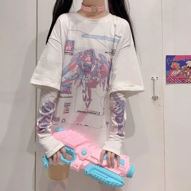 

QWEEK Anime Graphic T Shirts Women 2022 Egirl Summer Split Sleeves Tees Shirt Femme E Girl Top Mujer Alt Clothes Aesthetic