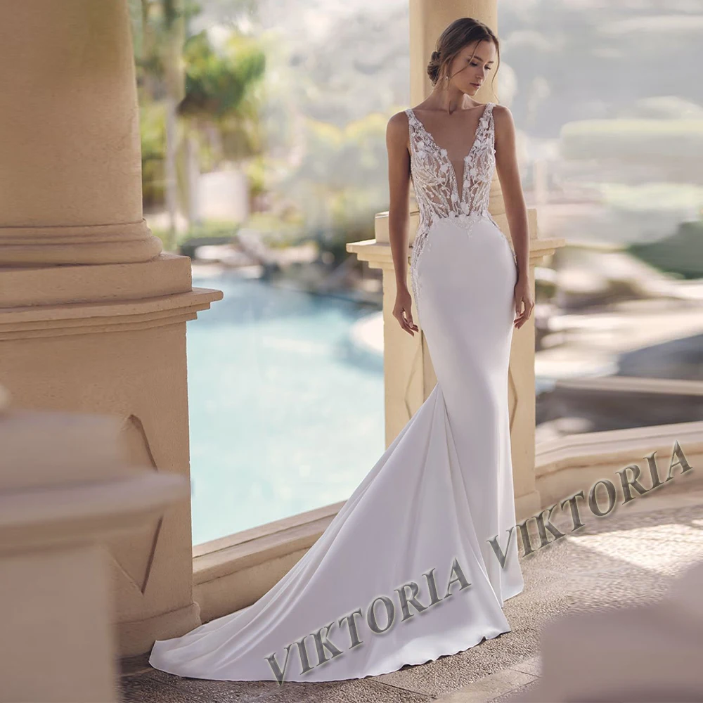 Женское свадебное платье без рукавов с V-образным вырезом и открытой спиной