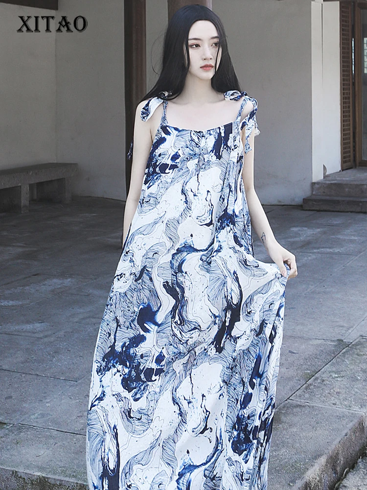 

XITAO Print Casual Dress Women Korea 2022 Summer New Arrival Personality Fashion Loose Square Collar Sleeveless Dress WLD7450