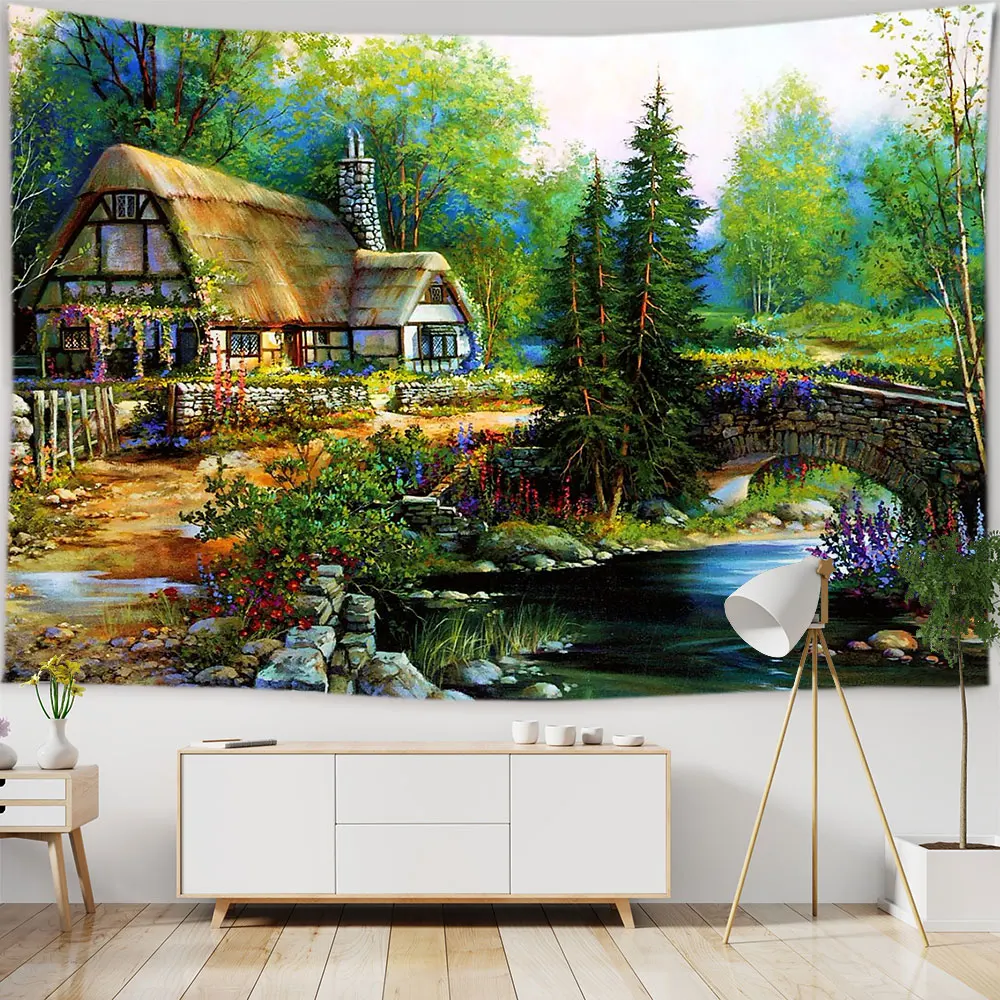 

3D Print Fairy Tale Cottage Forest Tapestry Hippie Wall Hanging Boho Animal Flower Tapestry Room Home Decor Background Ceiling