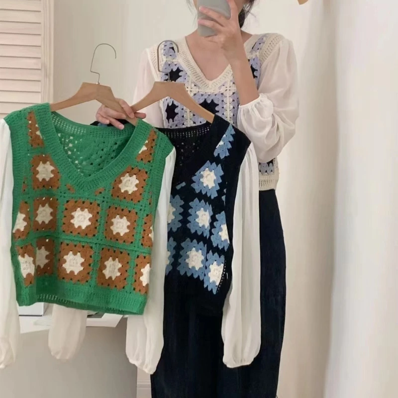 

Вязаная клетчатая блузка с геометрическим рисунком, Женский Осенний шифоновый укороченный топ с пышными рукавами