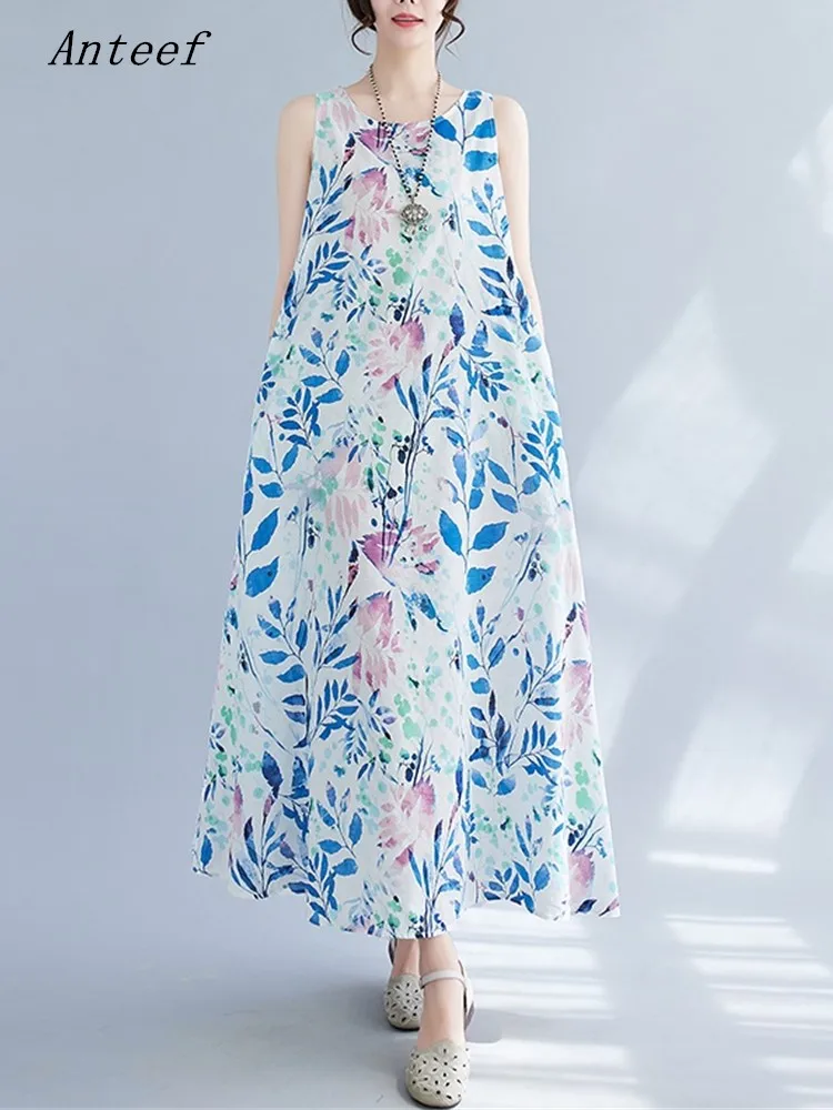 

Anteef sleeveless oversized cotton vintage floral new in dresses for women casual loose long summer dress elegant clothing 2023