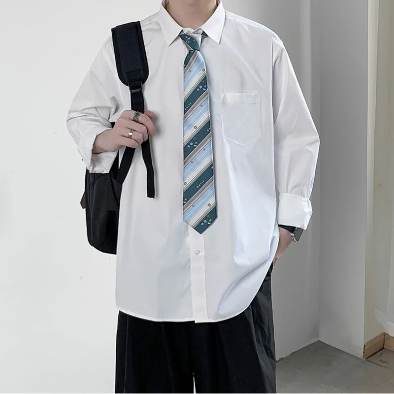 

White Shirt Men Spring Autumn Long Sleeve DK Top Japanese Student College Style Loose Shirt