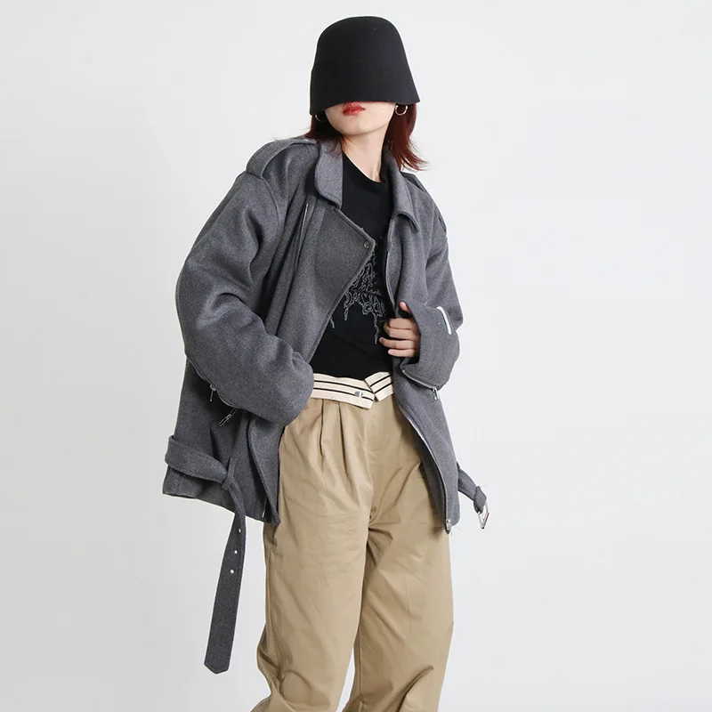 

EDGLuLu Autumn Winter New Turn-down Collar Long Sleeve Loose Tweed Coat Female Street Leisure Zipper Jacket Women Coat 1104