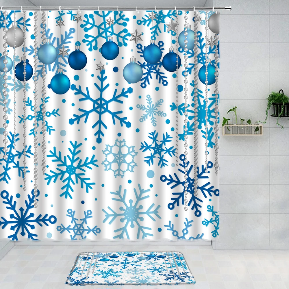 2Pcs Christmas Shower Curtain Set with Non-Slip Rug Bath Mat, Santa Claus Bath Curtain Bathroom Accessories Sets Bathtub Carpet images - 6