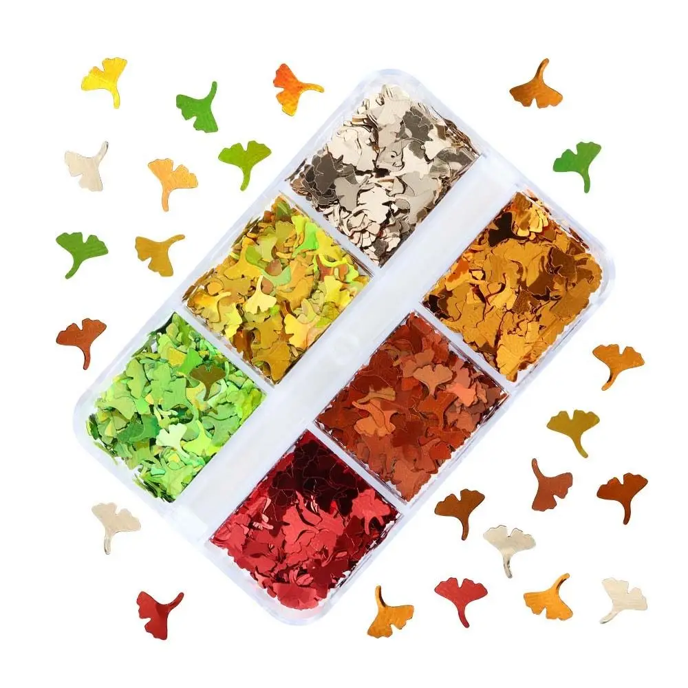

6 Grids Color Ginkgo Leaf Nail Glitter Sequins Decorations Shiny Fall Leaves Flakes Autumn DIY Nail Supplies Accessories