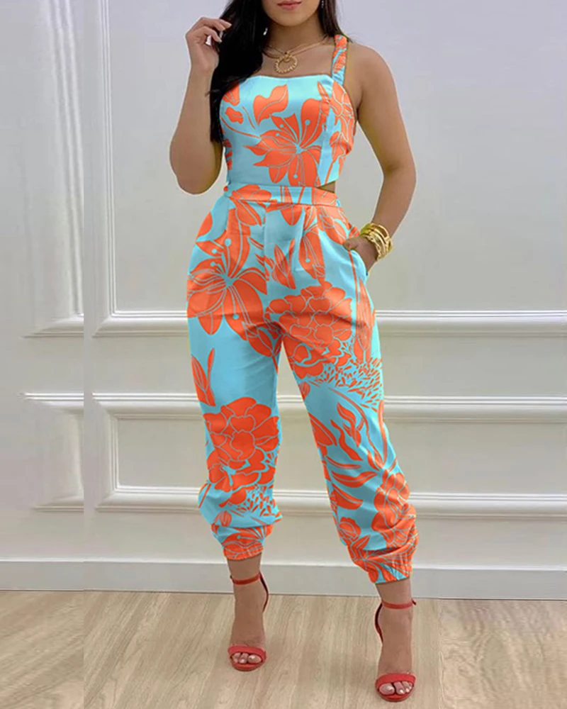 2022 Women Plants Print Criss Cross Tied Detail Backless Sleeveless Jumpsuit One Piece Romper Long Pants Summer Clothes Female