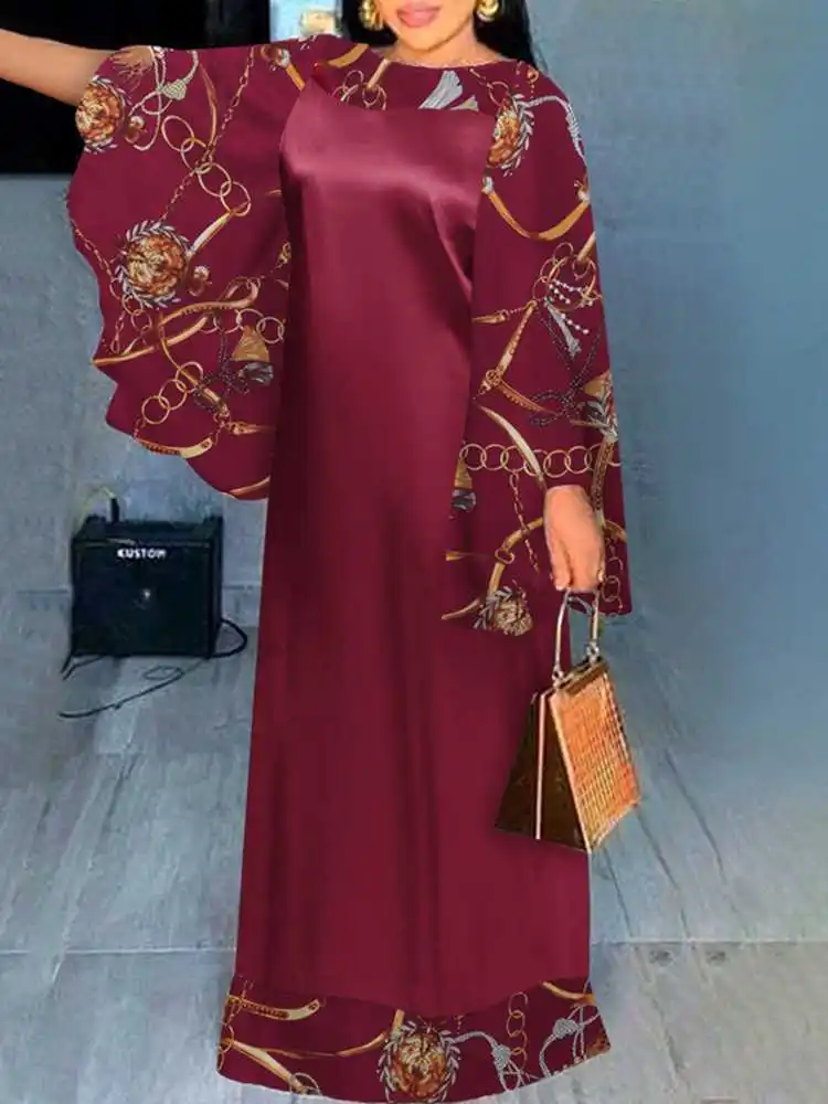 

VONDA Y2K Fashion Women Long Sleeve Vintage Dress Bohemian Casual Flare Sleeve Maxi Sundress Female Printed Maxi Robe Oversized