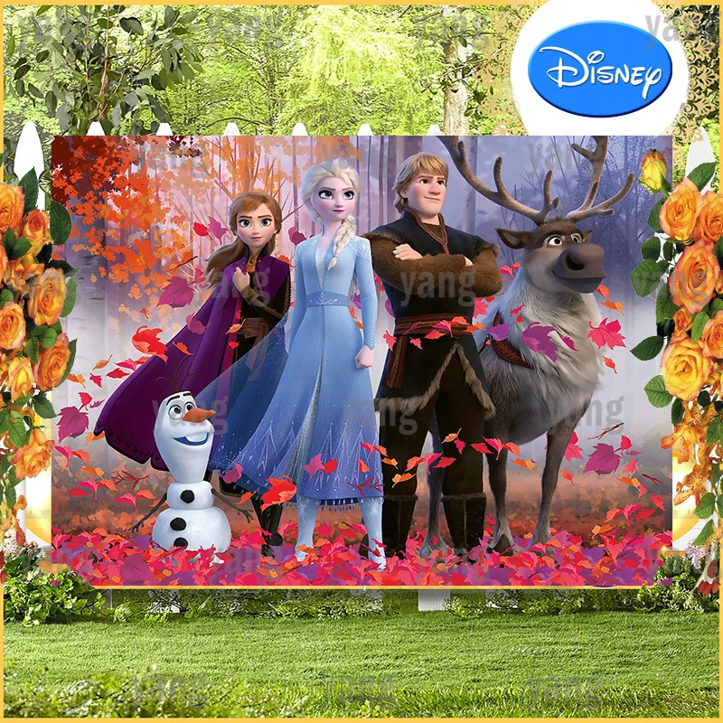 

Disney Cartoon Sven Olaf Red Leaves Frozen Princess Elsa Anna Birthday Party Colorful Ice Forest Backdrop Photography Background