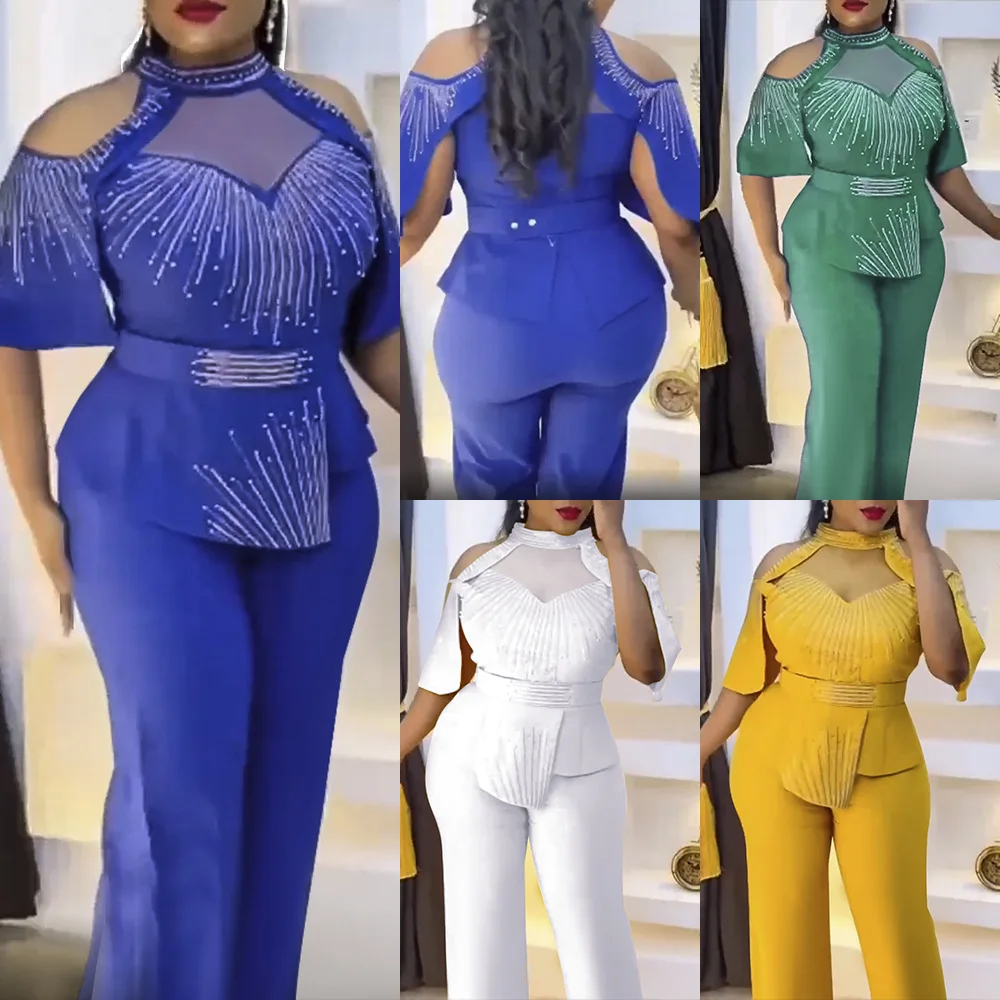 

2 Piece Set Plus Size Women Party Clothes African Dashiki Ankara Outfits 2022 Summer Fashion Diamond Tops Pants Trousers Suits