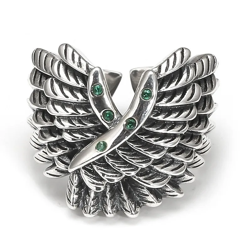 

Регулируемое кольцо в ретро стиле из серебра пробы с зеленым углом в форме крыла для мужчин и женщин, свадебные украшения, 002-JZ-121ZFSILVER