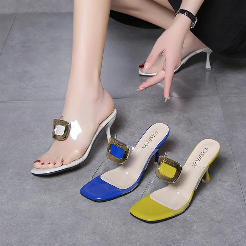 

Women's Premium Square Toe Transparent Stiletto High Heel Slippers