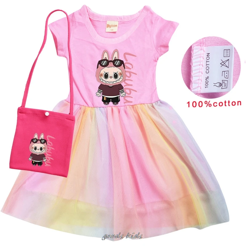 Фото Newest Labubu Costume Kids Summer Short Sleeve Pretty Dress And Bag Baby Girls Dresses Children Vistidos Toddler Best Gift 1~7Y №4