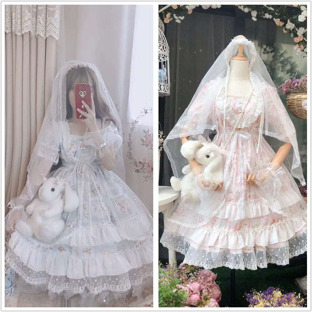 

Court Sweet Princess Lolita Suspender Dress Retro Lace Trim High Waist Victorian Dress Kawaii Girl Wedding Lolita Princess Dress