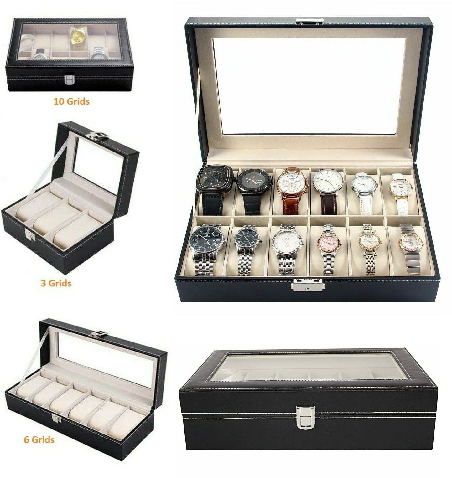 

2023 New PU Leather Watch Box 6/10/12 Grids Display Case Holder Black Storage Box Glass Jewelry Organizer Unisex Best Gift Box