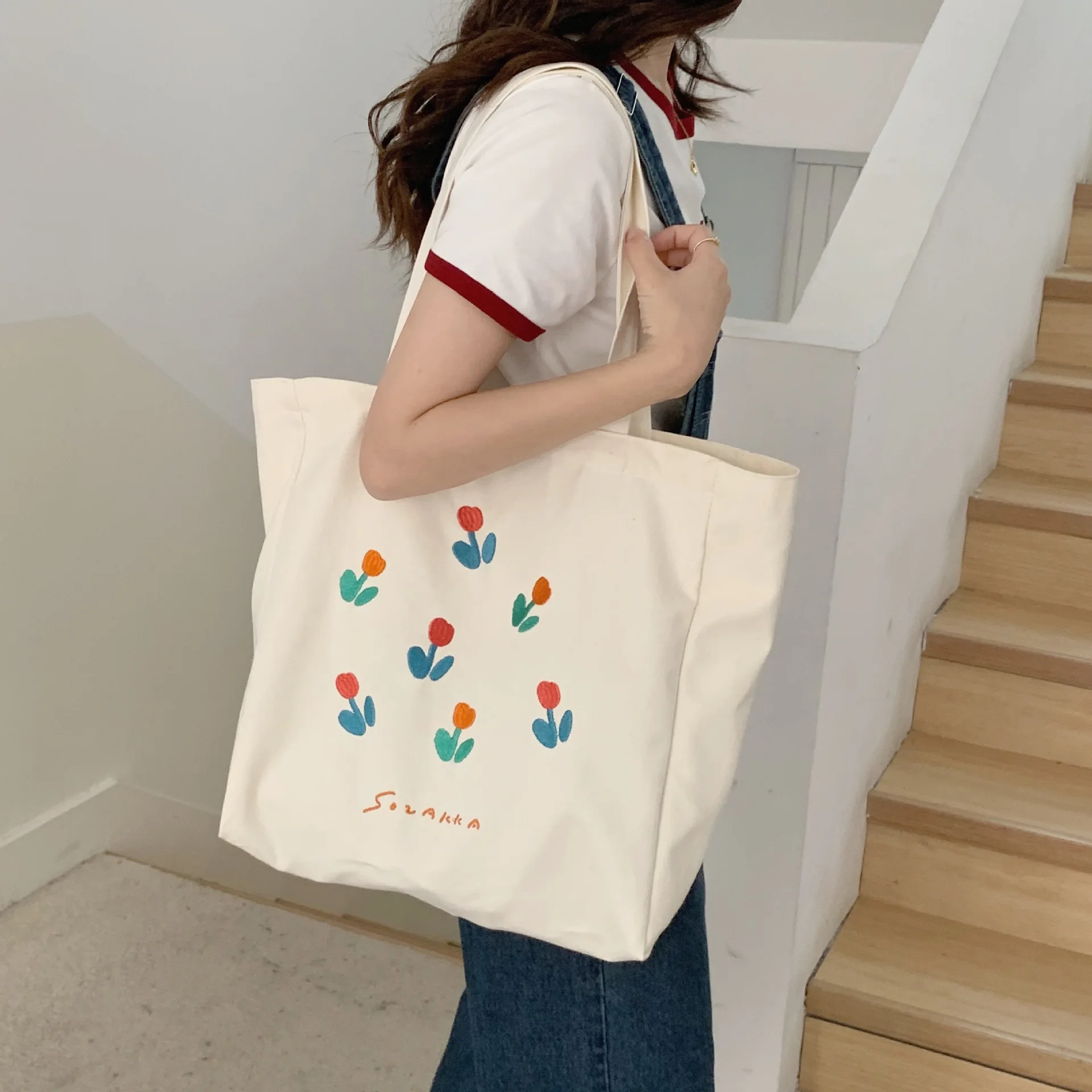 

Large Women's Canvas Shopping Bag Female Daily Reusable Shoulder Books Bags Eco Harajuku Handbags Grocery Shopper Totes For Girl