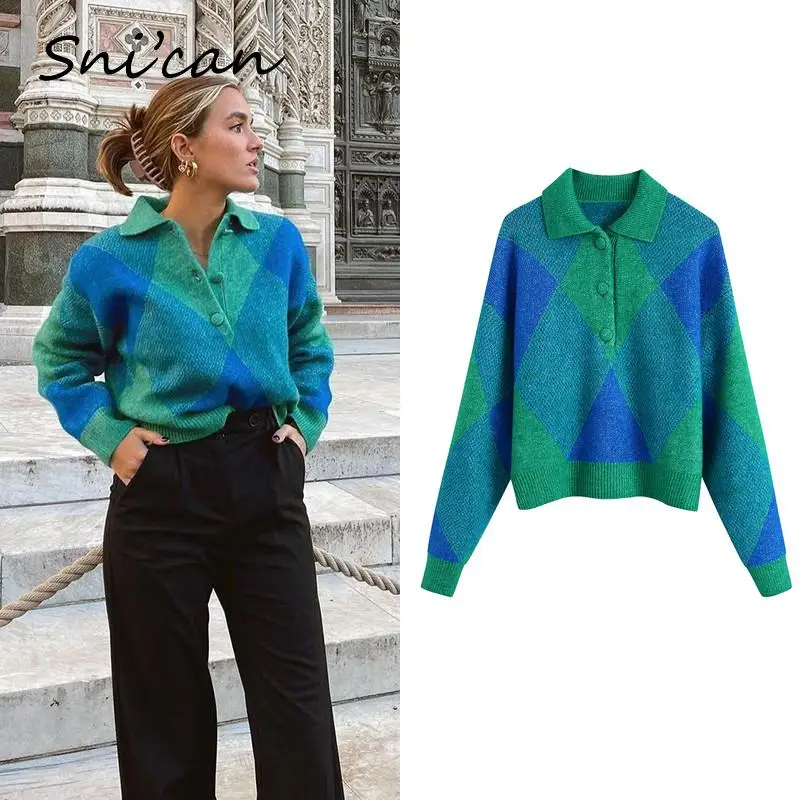

Za Blue Green Plaid Knitted Sweater Fashion Autumn Winter Turn Down Collar Long Sleeve Pullover Femme Vintage Designer Chic Top