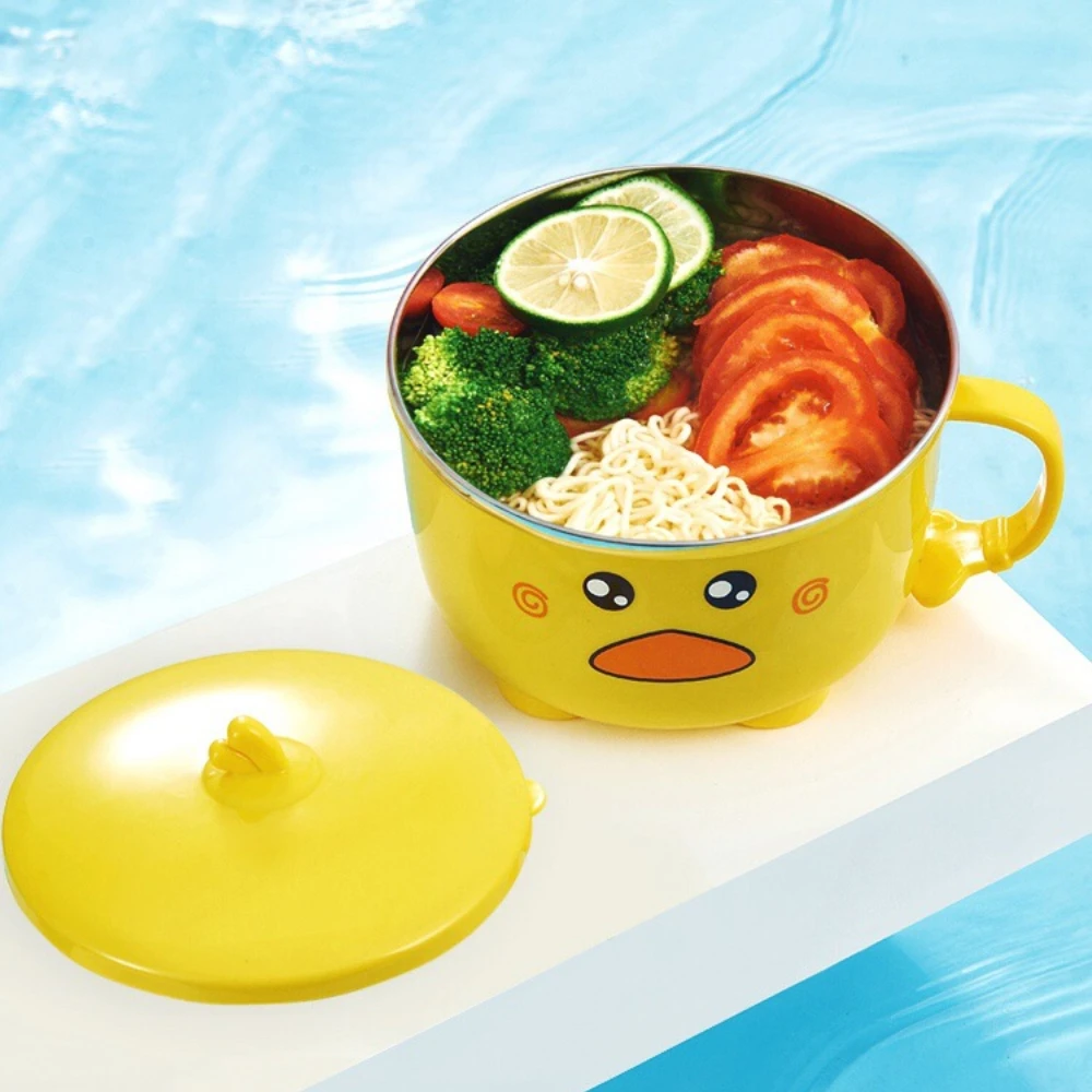 

Миска для лапши с крышкой Kawaii, из нержавеющей стали, для кухни, для фруктов, салатов, риса, супов, двухслойная тарелка