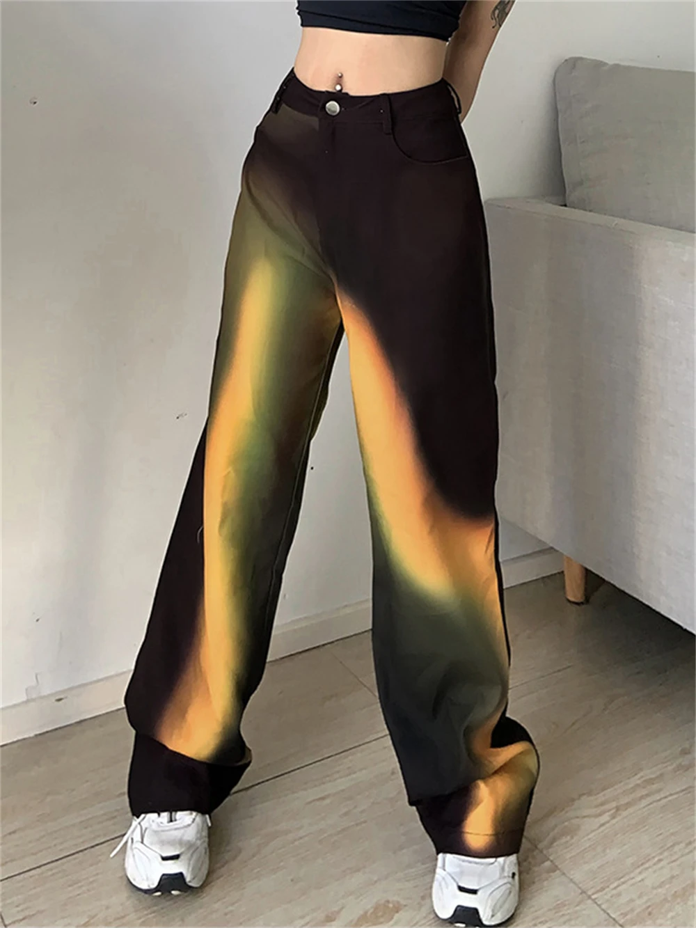 

2022 Y2k Fashion Women Cargo Pants Female Summer Loose Streetwear High Waist Colorful Printed Baggy Wide Leg Casual Trousers