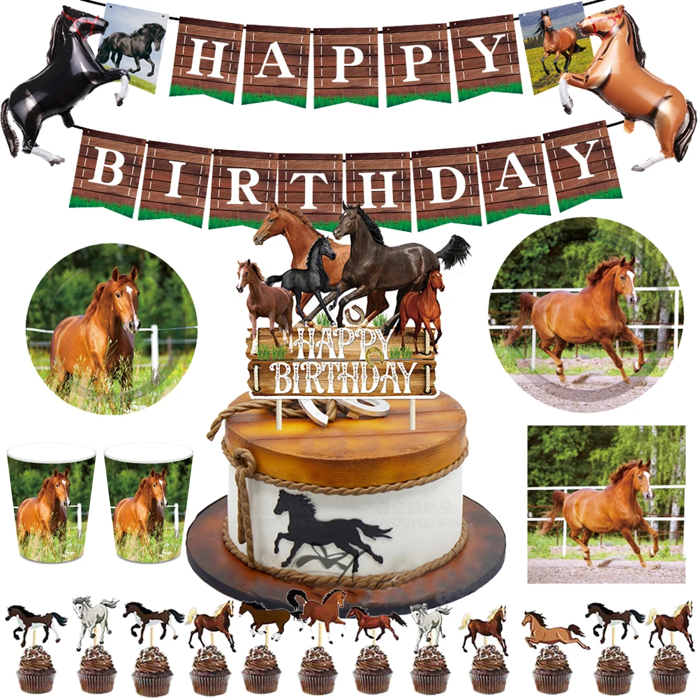 

Horse Birthday Party Decorations Horse Theme Happy Birthday Banner Cake Cupcake Topper Foil Latex Balloons Tableware Supplies