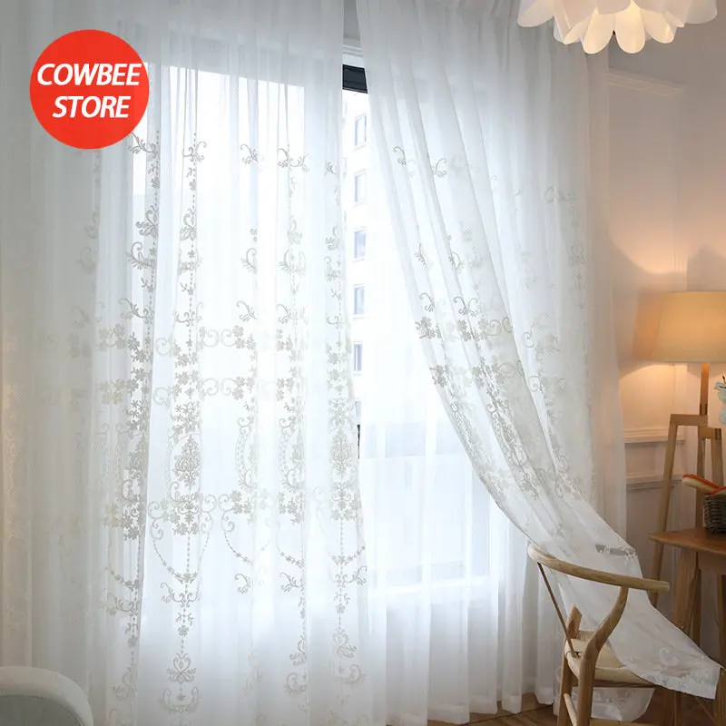 

Embroidered White Tulle Sheer Curtains for Living Room LL
