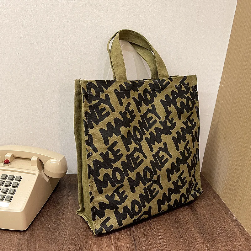 Women Canvas Shoulder Bag Letter Printing Ladies Casual Handbag Tote Bag Large Capacity Cotton Reusable Shopping Beach Bag 2023