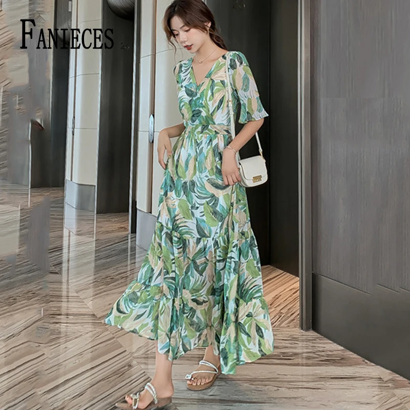 

Boho Beach Chiffon Dresses Women Summer Floral Print Half Sleeve V-Neck Long Dress High Waist Loose Casual Holiday Red Vestidos