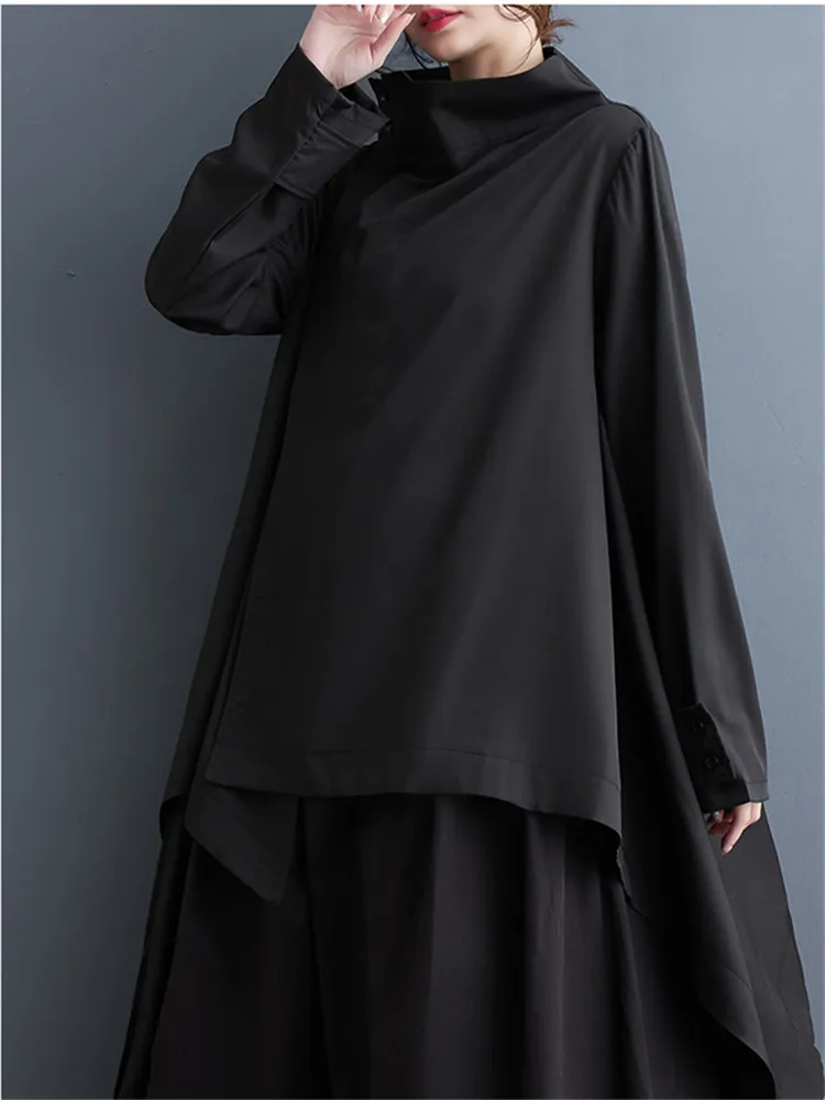 Женский черный плиссированный плащ большого размера с воротником-стойкой и