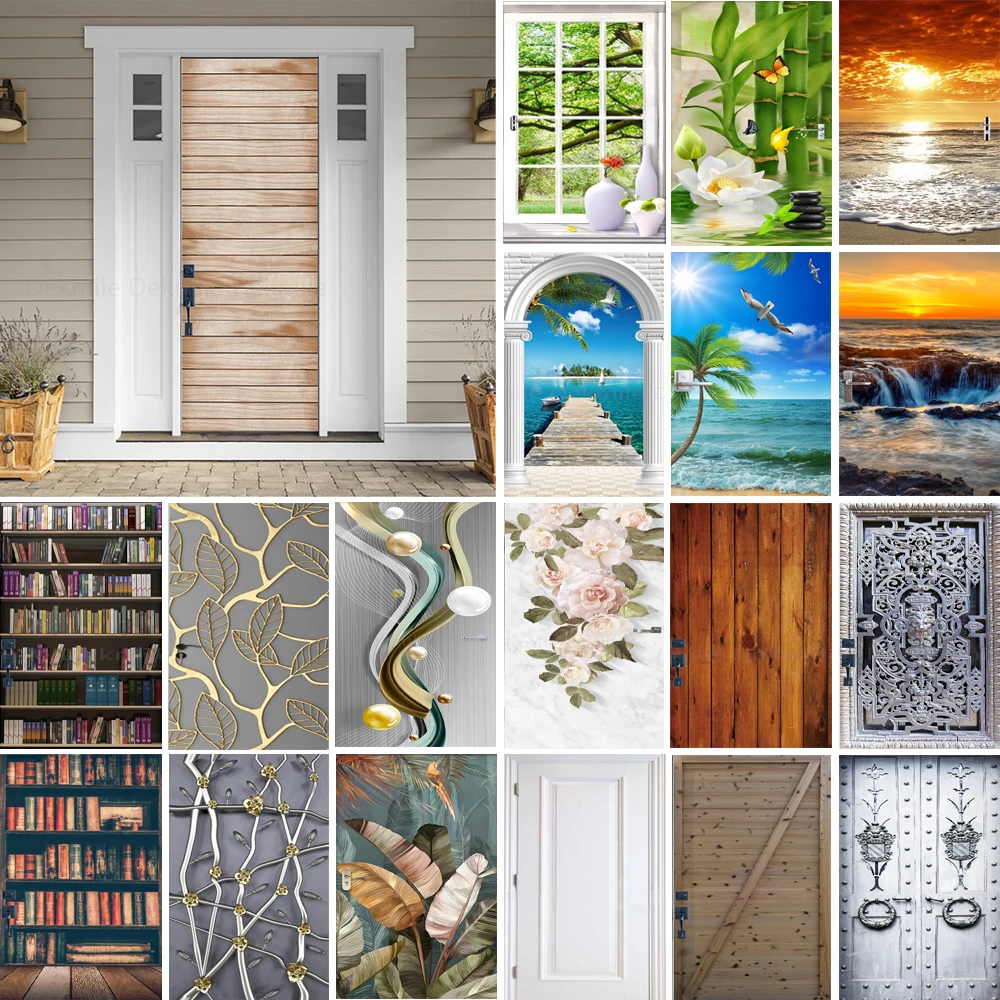 

Custom Size Door Mural Cover Adhesive PVC Sticker Bridge Forest Sea Glass View Scenery Door Wrap Wallpaper Wood Grain DIY Decals