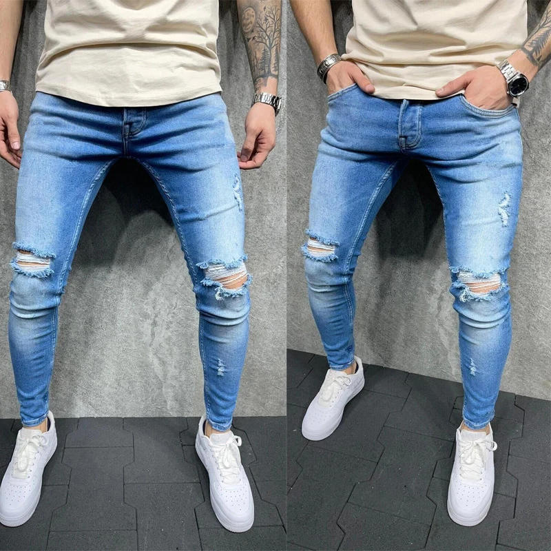 

2022 Spring Autumn New Jeans Men's Slim Fit Long Pants Blue Solid Color Wash Jeans Pants Male Fashion Trousers Clothing