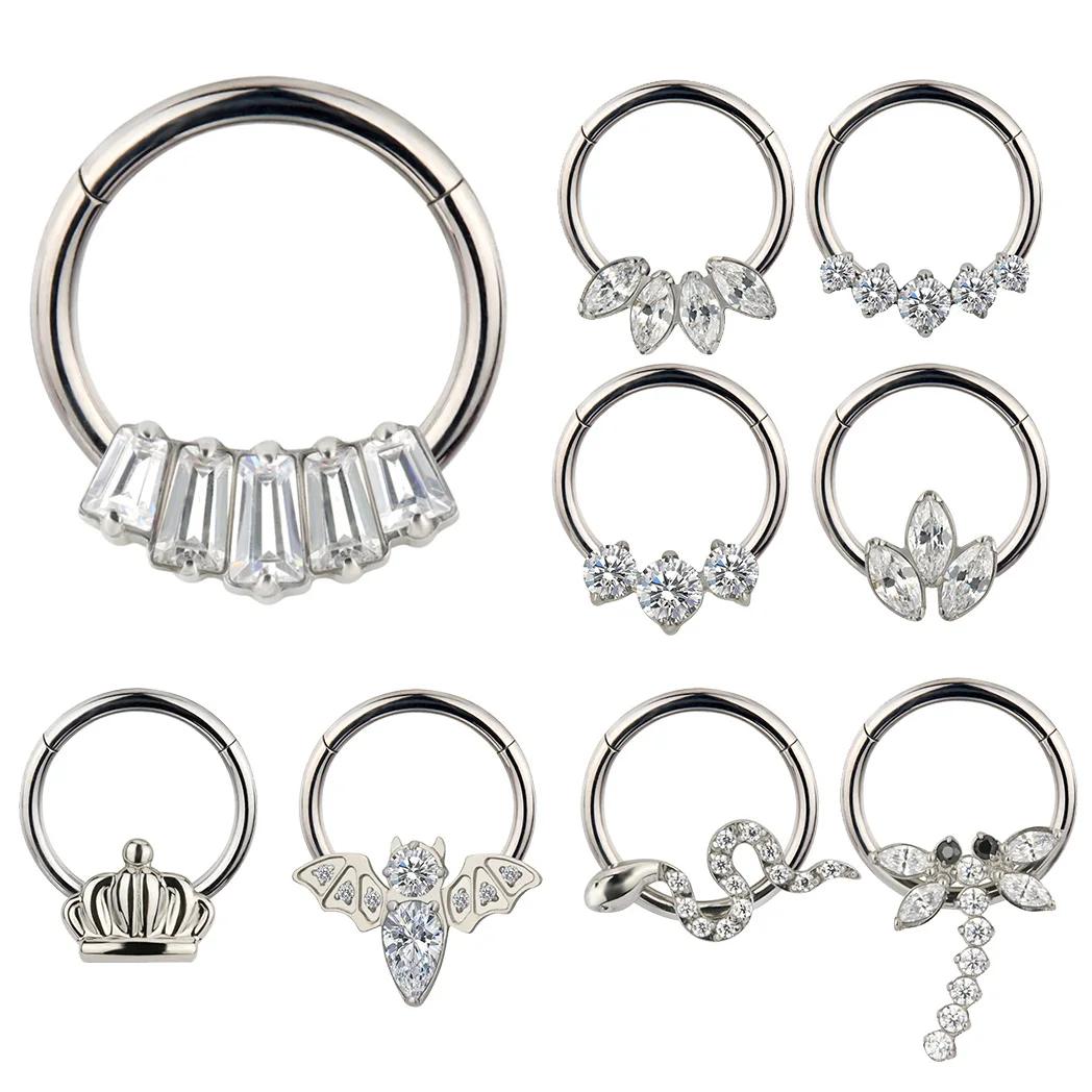 

ASTM F136 Titanium PIERC Hinged Segment Hoop Earring CZ Paved Tragus Ear Lip Nose Ring Snake/crown/bat/dragonfly/Body Piercing