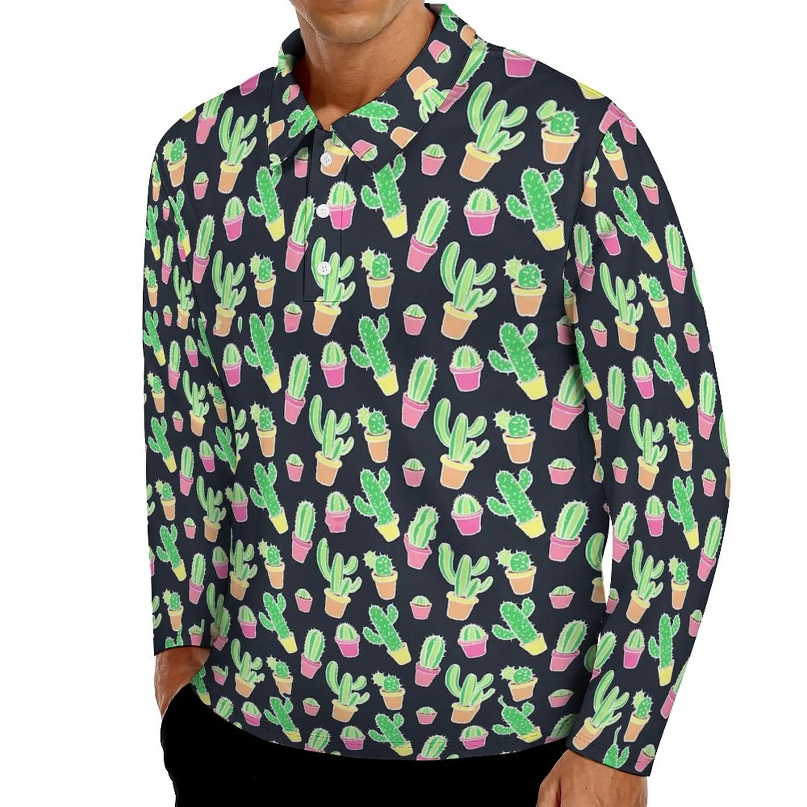 

Cactus Casual Polo Shirts Watercolor Cactus T-Shirts Long Sleeve Design Shirt Spring Fashion Oversized Clothes Birthday Gift